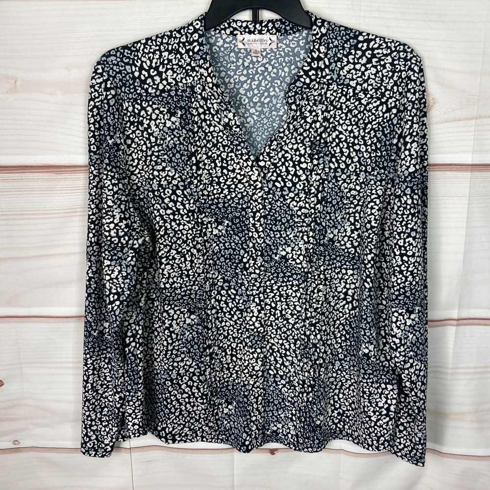 Nanette Lepore Top Womens XL Black White Knit Button Up Blouse Leopard Pintuck